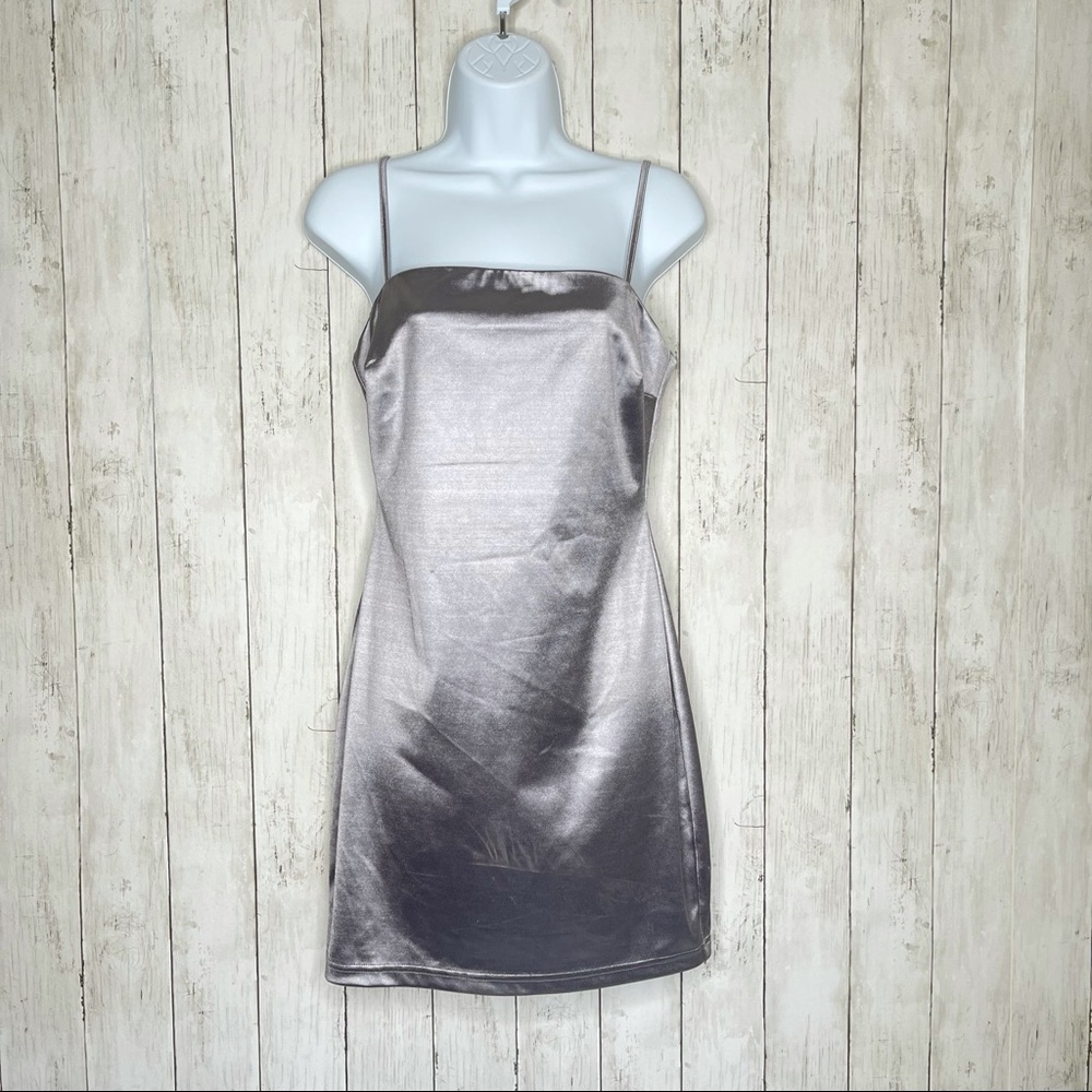 NWT All In Favor Gray/Silver Satin Slip Dress - Picture 3 of 11